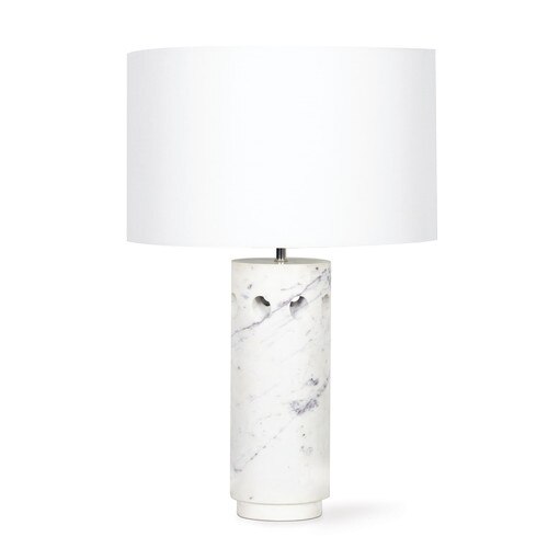 White marble table lamp with white linen shade